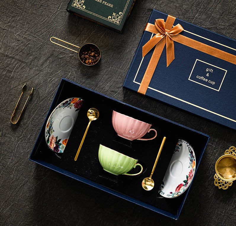 Beautiful British Tea Cups, Creative Bone China Porcelain Tea Cup Set, Elegant Ceramic Coffee Cups, Unique Tea Cups and Saucers in Gift Box-Art Painting Canvas