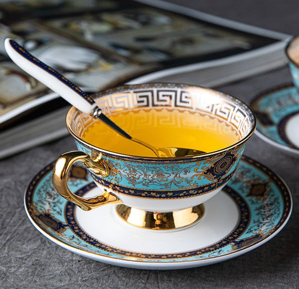 Unique Tea Cup and Saucer in Gift Box, 7.4 oz British Ceramic Coffee Cups, Porcelain Tea Cup Set for Office-Art Painting Canvas
