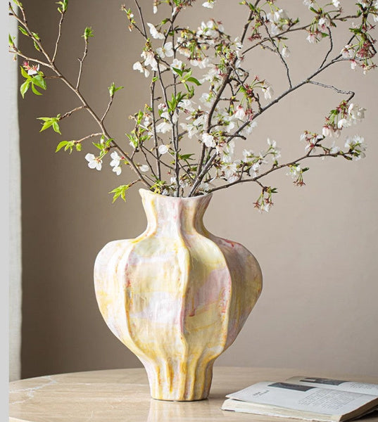 Handmade Modern Flower Vase, Centerpiece Ceramic Bouquet Vases, Large Contemporary Vases on Dining Table, Porcelain Vases for Modern Home Decor-Art Painting Canvas