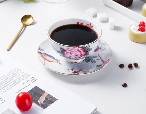 Unique Porcelain Cup and Saucer, Beautiful British Flower Tea Cups, Elegant Ceramic Coffee Cups, Creative Bone China Porcelain Tea Cup Set-Art Painting Canvas