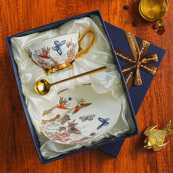 Ceramic Coffee Cups in Gift Box, Butterfly Pattern Porcelain Tea Cup and Saucer Set, British Traditional Afternoon Tea Cup and Saucer Set-Art Painting Canvas