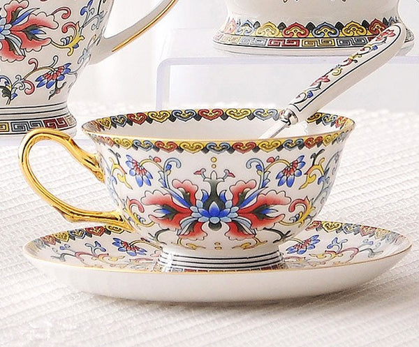 Bohemia Ceramic Coffee Cups, Creative Ceramic Cups, China Porcelain Tea Cup Saucer Set, Unique Traditional Afternoon Tea Cup and Saucer-Art Painting Canvas