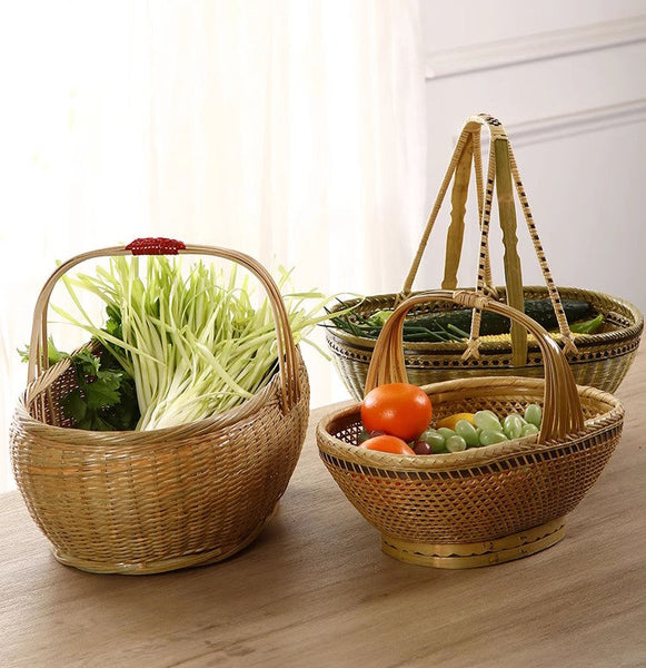 Natural Hand-woven Bamboo Basket, Natural Fruit Basket Kitchen Storage Baskets, Extra Large Picnic Food Basket with Handle, Lovely Bamboo Baskets for Vegetable