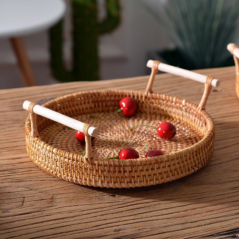 Small Rattan Storage Basket, Fruit Basket, Round Storage Basket with Handle, Kitchen Storage Baskets, Woven Storage Baskets-Art Painting Canvas