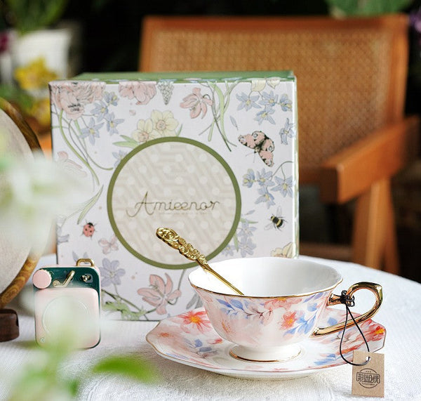 Flower Bone China Porcelain Tea Cup Set, Unique Tea Cup and Saucer in Gift Box,British Royal Ceramic Cups for Afternoon Tea, Elegant Ceramic Coffee Cups-Art Painting Canvas