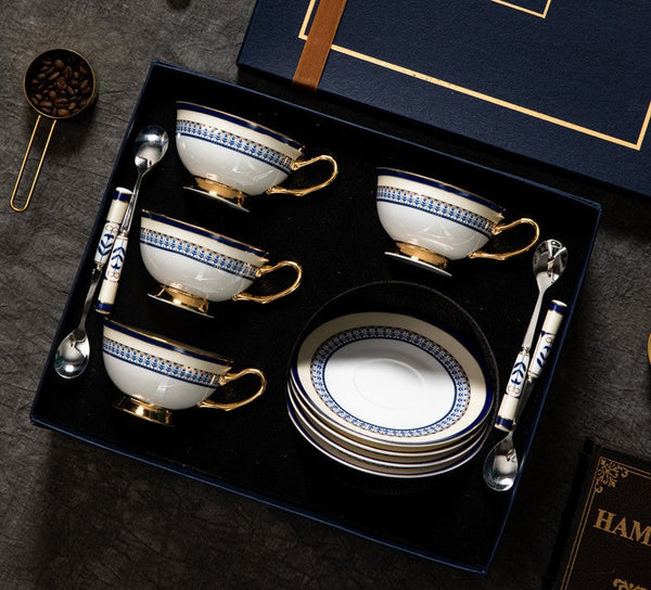 Blue Porcelain Tea Cup Saucer Set, Elegant British Ceramic Coffee Cups, Unique British Tea Cup and Saucer in Gift Box-Art Painting Canvas