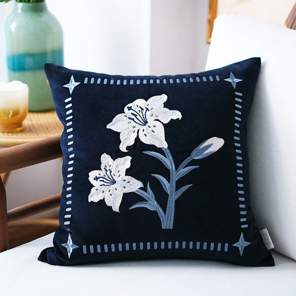 Dark Blue Lily Embroidered Cushion, Living Room Decorative Pillows, Decorative Pillow Arrangement Ideas for Couch, Large Decorative Pillows for Couch, Modern Throw Pillows for Bedroom-Art Painting Canvas