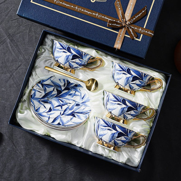 Unique British Tea Cup and Saucer in Gift Box, Blue Porcelain Tea Cup Saucer Set, 7.4 oz British Ceramic Coffee Cups-Art Painting Canvas
