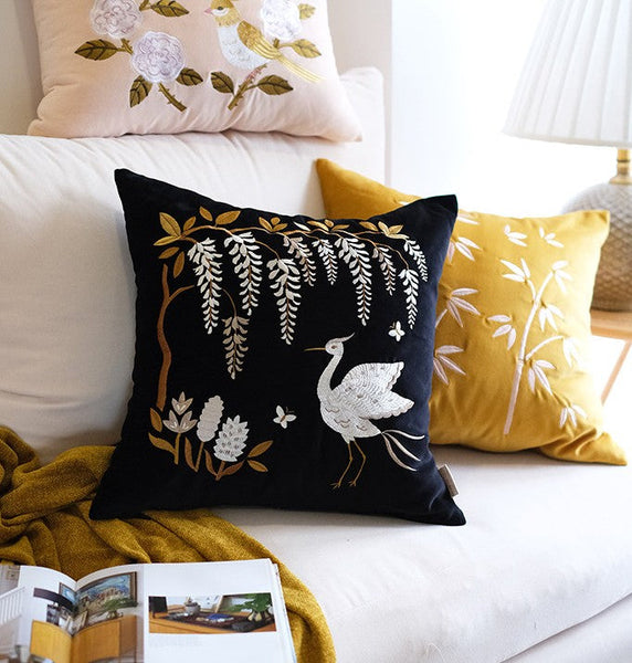 Decorative Pillow Arrangement Ideas for Bed, Embroidered Egret Cushion, Vintage Decorative Pillows, Luxury Decorative Pillows for Couch, Modern Throw Pillows for Couch-Art Painting Canvas