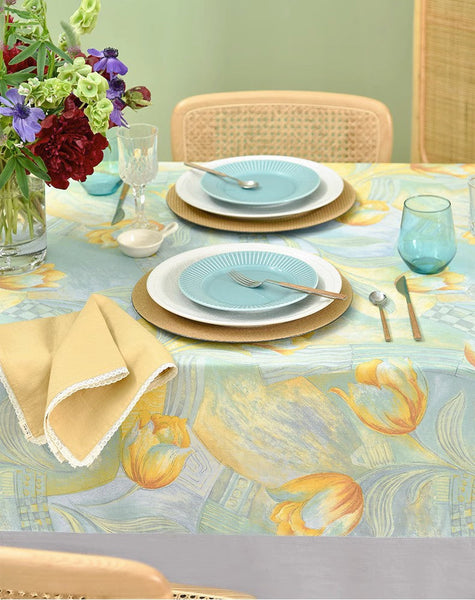 Country Farmhouse Tablecloth, Extra Large Rectangle Tablecloth for Dining Room Table, Tulip Flowers Rustic Table Covers for Kitchen, Square Tablecloth for Round Table-Art Painting Canvas