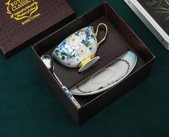 Elegant British Ceramic Coffee Cups, Unique Tea Cup and Saucer in Gift Box, Royal Bone China Porcelain Tea Cup Set, Rose Flower Pattern Ceramic Cups-Art Painting Canvas