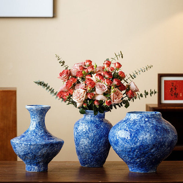 Modern Pottery Flower Vases, Handmade Water Holding Flower Vases, Centerpiece on Dining Table, Blue Pottery Bud Vases, Large Flower Vases on Table-Art Painting Canvas