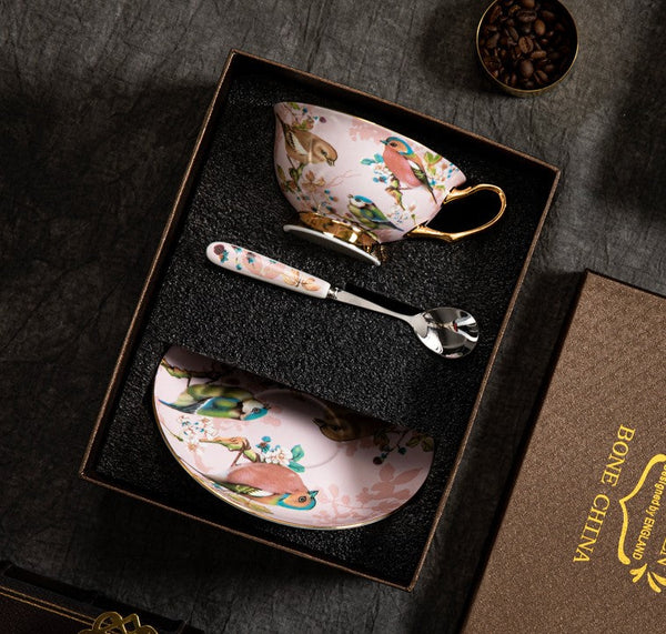 Unique Tea Cup and Saucer in Gift Box, Lovely Birds Ceramic Cups, 8 oz Ceramic Coffee Cups, Afternoon Porcelain Tea Cup Set-Art Painting Canvas
