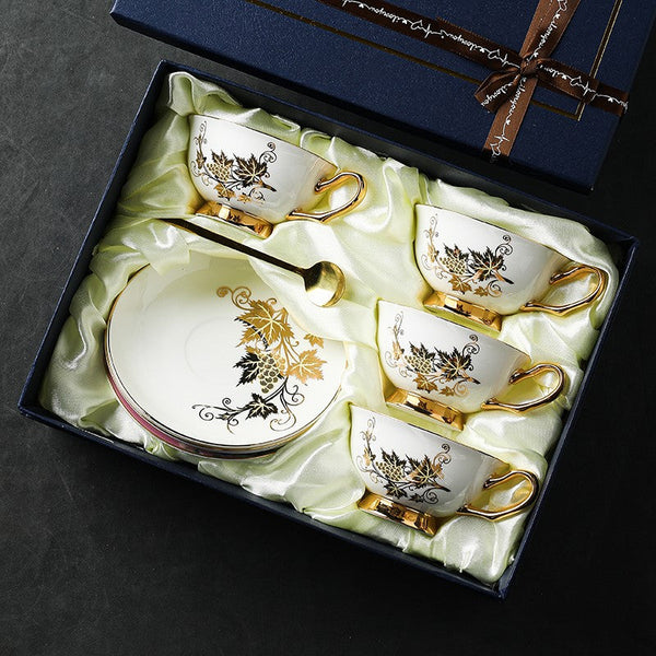Elegant British Ceramic Coffee Cups, 7.4 oz Golden Leaves and Grapes Porcelain Tea Cup Saucer Set, Unique British Tea Cup and Saucer in Gift Box-Art Painting Canvas