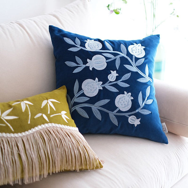 Blue Embroidered Pomegranate Cushion, Large Decorative Pillows for Couch, Living Room Decorative Pillows, Modern Throw Pillows for Bedroom, Decorative Pillow Arrangement Ideas for Couch-Art Painting Canvas