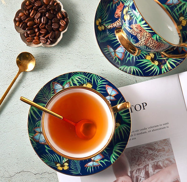 Creative Leopard Ceramic Coffee Cups, 6.8 oz Tea Cup and Saucer in Gift Box as Birthday Gift, Beautiful British Tea Cups, Creative Porcelain Tea Cup Set-Art Painting Canvas