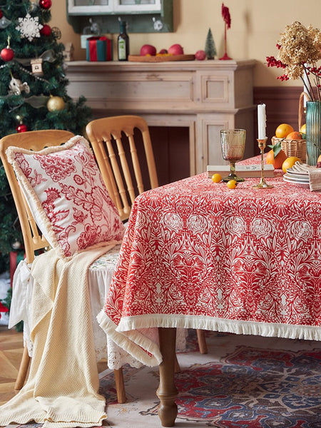Large Fiberflax Rectangle Tablecloth for Home Decoration, Red Flower Pattern Tablecloth for Holiday Decoration, Square Tablecloth for Round Table-Art Painting Canvas