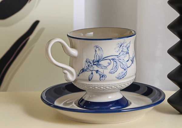 Creative Blue Coffee Cup and Saucer, 8 oz Ceramic Cups for Traditional Afternoon Tea, Creative Porcelain Tea Cup Saucer Set, Beautiful British Tea Cups-Art Painting Canvas