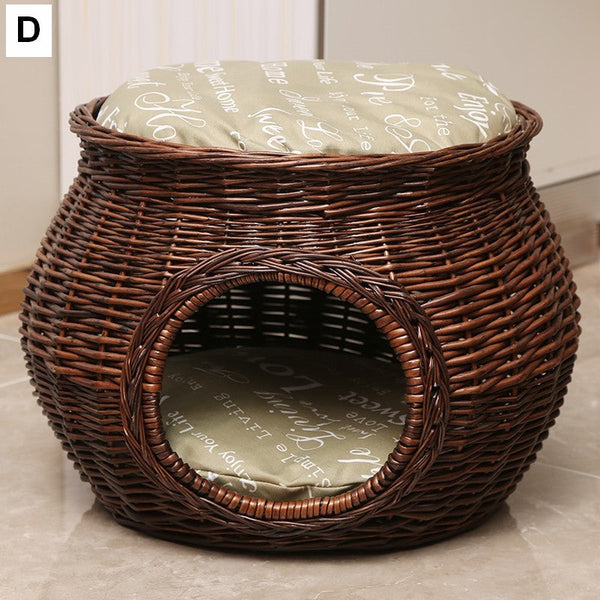 Rattan Cat Bed, Wicker Cat House Basket with Washable Cushion for Indoor Cats and Dogs-Art Painting Canvas