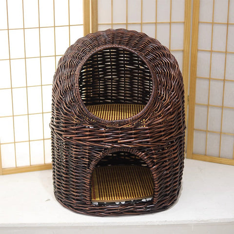 Large Cat House Basket with Washable Cushion for Indoor Cats and Dogs, Double-Layer Cat Bed-Art Painting Canvas