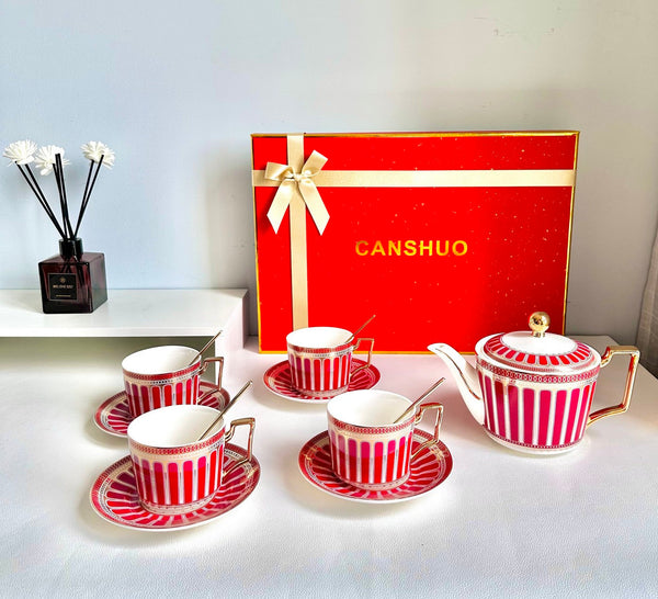 Beautiful Porcelain Tea Cup and Saucer Set of 4 cups, 7.4 oz Red Tea Cup and Saucer Set with Teapot in Gift Box, Modern Ceramic Coffee Cups-Art Painting Canvas