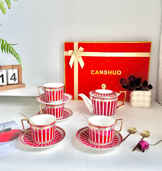 Beautiful Porcelain Tea Cup and Saucer Set of 4 cups, 7.4 oz Red Tea Cup and Saucer Set with Teapot in Gift Box, Modern Ceramic Coffee Cups-Art Painting Canvas