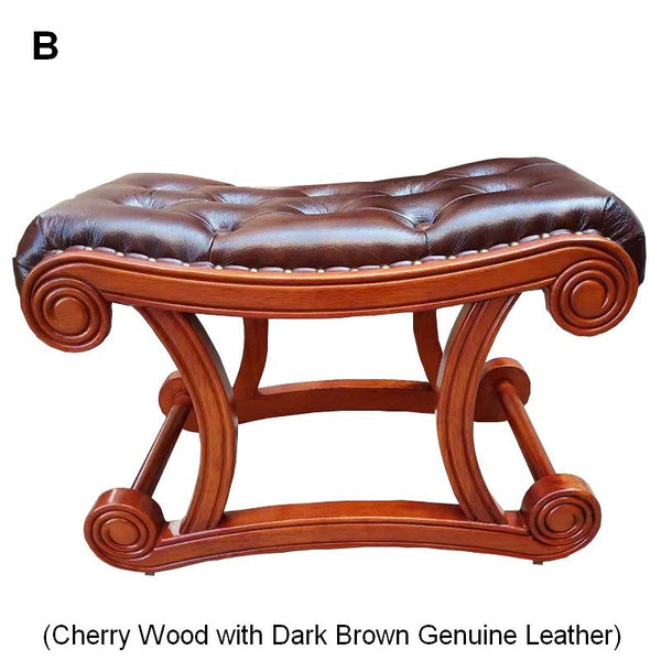 Cherry Wood Footstool, Vintage Leather Stool, Genuine Leather Solid Wood Entry Bench, Long Bench, Vanity Stool, Dressing Table Stool-Art Painting Canvas