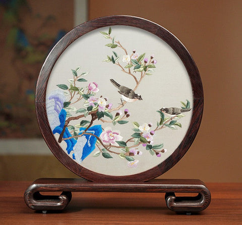 Premium Souvenir, Silk Embroidered Ornament, Exclusive Business Presents, Creative Birthday Gift, Traditional Chinese Suzhou Flower and Birds Embroidery Ornaments-Art Painting Canvas