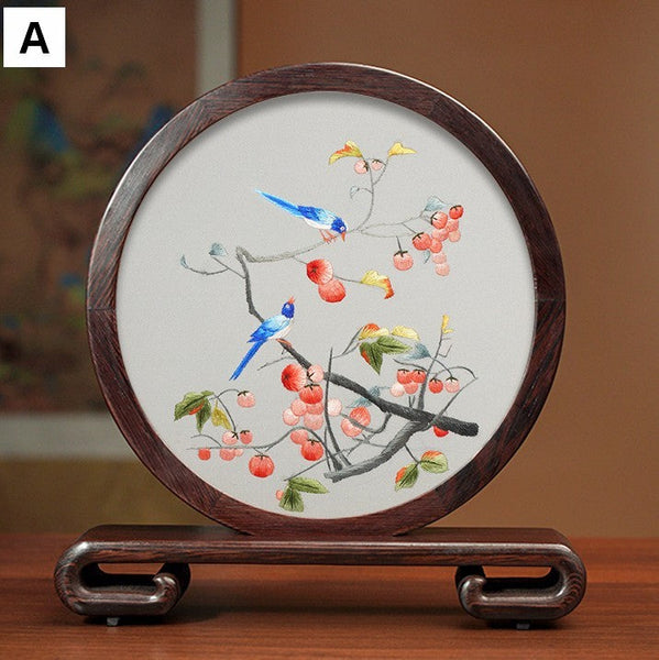 Exclusive Business Presents, Creative Birthday Gift, Premium Souvenir, Silk Embroidered Ornament, Traditional Chinese Suzhou Flower and Birds Embroidery Ornaments-Art Painting Canvas