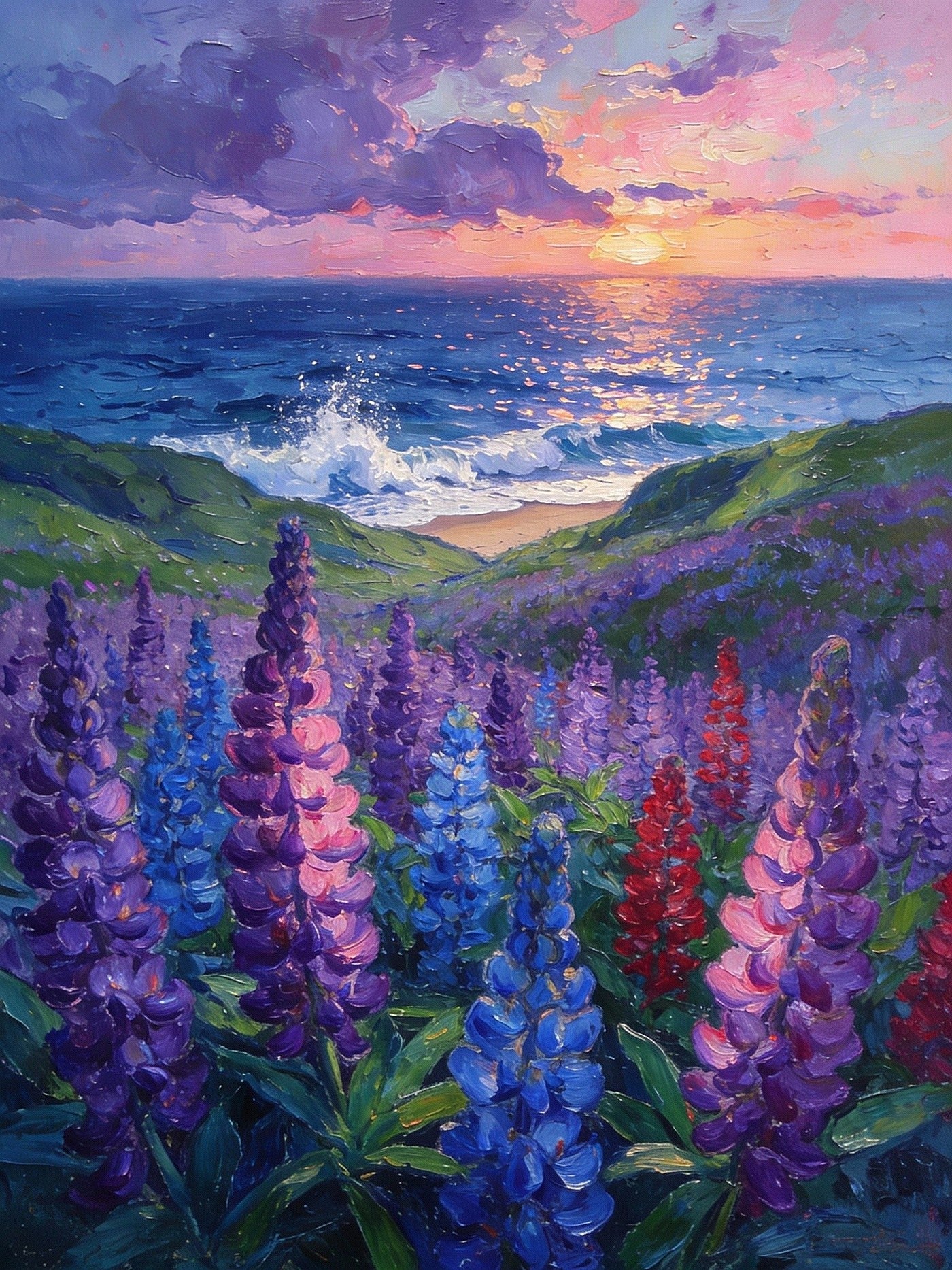 Lupines In Bloom By The Sea Impasto Paintings, Purple Blue Wildflowers Coastal Cliff Landscape, Heavy Texture Palette Knife Artwork, Handmade Ocean View Painting For Bedroom, Rugged Seaside Botanical Wall Decor