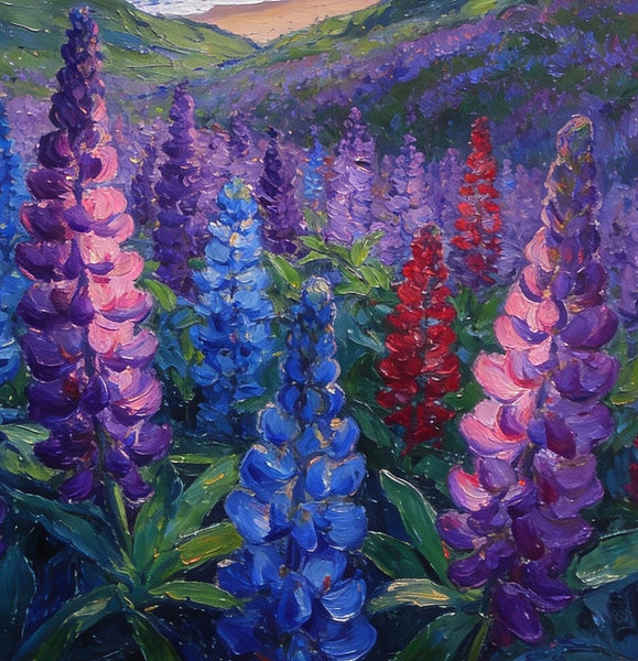 Lupines in Bloom by the Sea, Impasto Paintings, Original Small Paintings, Small Oil Paintings, Small Wall Paintings, Landscape Artwork Canvas Paintings-Art Painting Canvas
