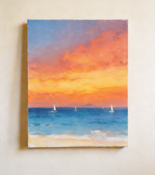 Hand Painted Canvas Artwork, Original Oil Paintings, Sunset Sail on the Horizon, Original Seascape Paintings, Buy Small Paintings Online-Art Painting Canvas
