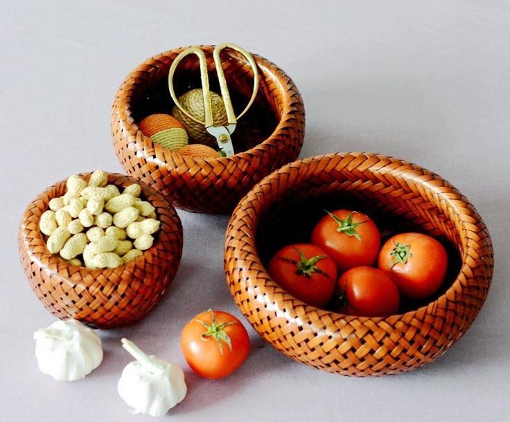 Farmhouse Small Storage Basket, Woven Snacks Basket, Bamboo Storage Basket, Round Storage Basket for Kitchen, Set of 3-Art Painting Canvas