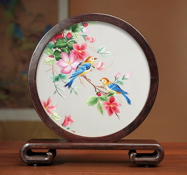 Silk Embroidered Ornament, Traditional Chinese Suzhou Flower and Birds Embroidery Ornaments, Exclusive Business Presents, Creative Birthday Gift, Premium Souvenir-Art Painting Canvas