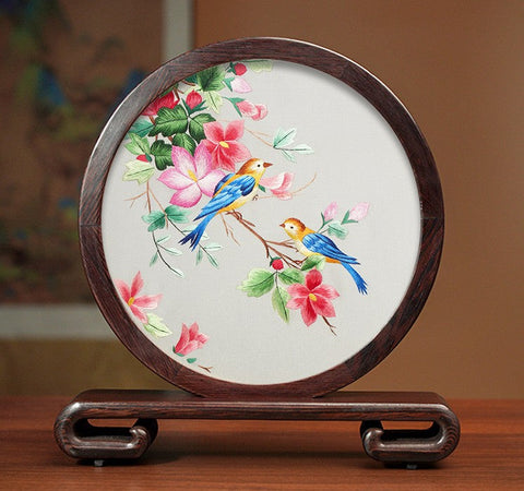 Silk Embroidered Ornament, Traditional Chinese Suzhou Flower and Birds Embroidery Ornaments, Exclusive Business Presents, Creative Birthday Gift, Premium Souvenir-Art Painting Canvas