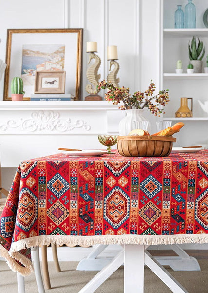 Oriental Red Rectangular Table Covers for Coffee Table, Bohemian Rectangular Tablecloth for Oval Table, Large Modern Linen Tablecloths-Art Painting Canvas
