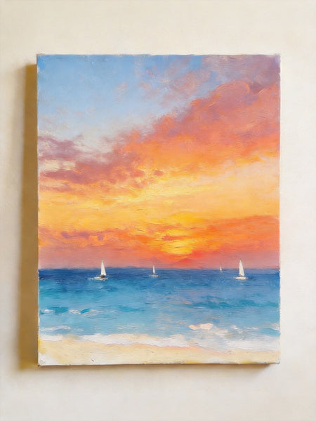 Original Oil Paintings, Sunset Sail on the Horizon, Original Seascape Paintings, Hand Painted Canvas Artwork, Buy Small Paintings Online-Art Painting Canvas
