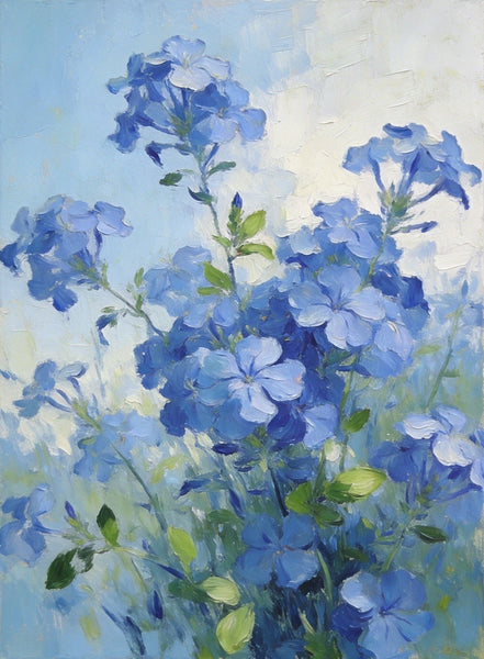 Small Canvas Wall Art Paintings, Blue Plumbago in Full Flower, Original Flower Paintings, Original Oil Paintings, Hand Painted Canvas Art-Art Painting Canvas