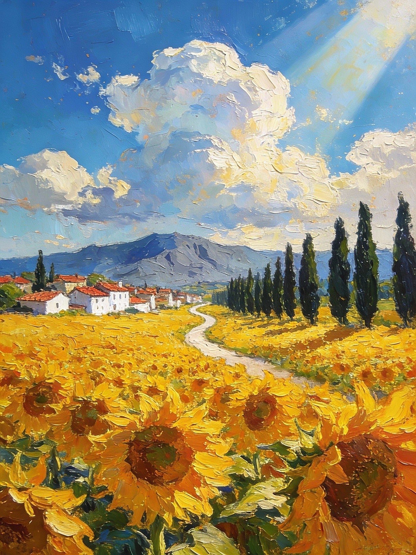 Sunflower Fields In Full Bloom Provence Landscape Oil Paintings, Golden Yellow Summer Meadow Van Gogh Style, Large French Countryside Wall Art, Radiant Sunlit Floral Painting For Kitchen, Rustic Farmhouse Decor