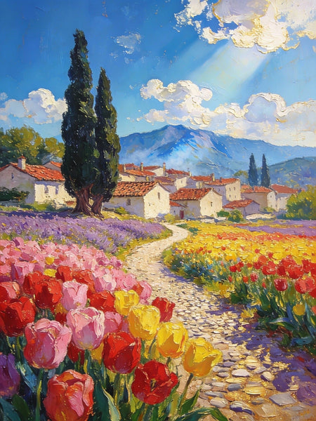 On Canvas Small Paintings, The Countryside Adorned with Blooming Tulips, Hand Painted Canvas Art, Original Artwork Small Paintings on Wall, Landscape Oil Paintings-Art Painting Canvas