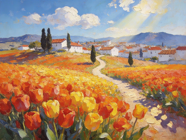 Original Oil Paintings, Village Amidst the Tulip Fields, Small Oil Paintings on Canvas, Small Canvas Paintings, Hand Painted Canvas Art, Simple Painting Ideas, Small Landscape Paintings-Art Painting Canvas