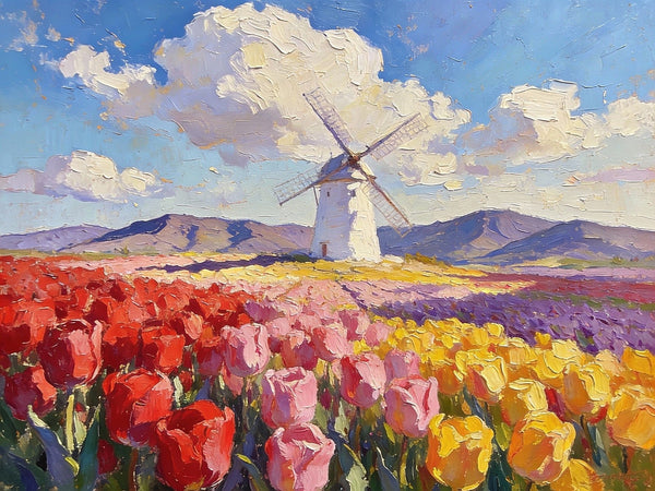 Windmills Amidst the Blooming Tulip Fields, Small Landscape Paintings, Small Oil Paintings on Canvas, Small Canvas Paintings, Original Oil Paintings, Hand Painted Canvas Art, Simple Painting Ideas-Art Painting Canvas