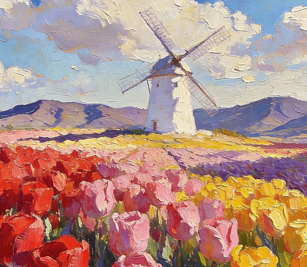 Windmills Amidst the Blooming Tulip Fields, Small Landscape Paintings, Small Oil Paintings on Canvas, Small Canvas Paintings, Original Oil Paintings, Hand Painted Canvas Art, Simple Painting Ideas-Art Painting Canvas
