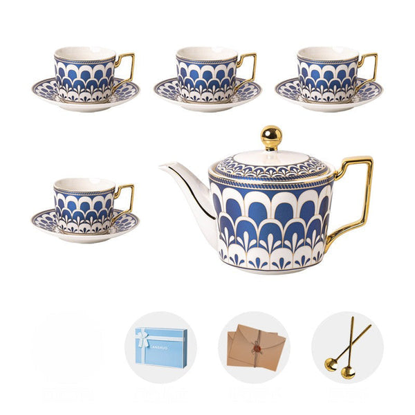 Porcelain Tea Cup and Saucer Set of 4 cups, Blue Tea Cup and Saucer Set with Teapot in Gift Box, 7.4 oz Modern Ceramic Coffee Cups for Office-Art Painting Canvas
