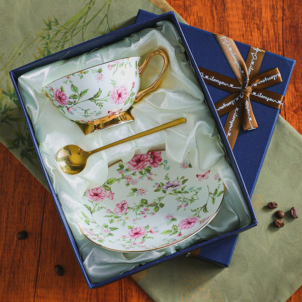 Elegant British Ceramic Coffee Cup with Saucer Set of 2 Cups, Floral British Tea Cup and Saucer in Gift Box, Porcelain Tea Cup and Saucer Set-Art Painting Canvas