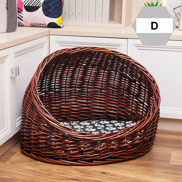 Natural Wicker Cat House Basket with Washable Cushion for Indoor Cats and Dogs, Hand woven Rattan Cat Bed-Art Painting Canvas