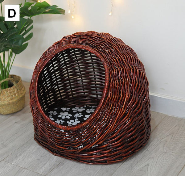 Hand woven Rattan Cat Bed, Natural Wicker Cat House Basket with Washable Cushion for Indoor Cats and Dogs