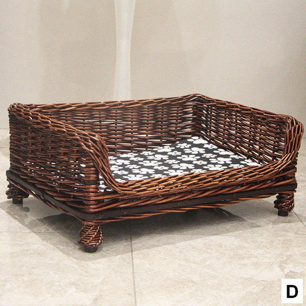 Large Natural Wicker Dog Bed with Washable Cushion for Indoor Cats and Dogs, Hand Woven Rattan Cat Beds-Art Painting Canvas