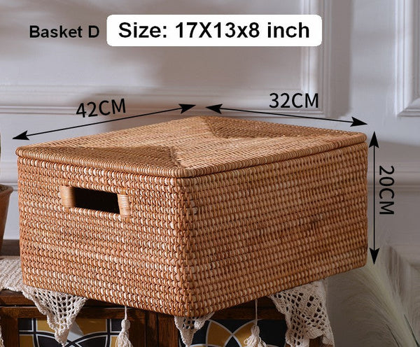 Oversized Rectangular Storage Basket with Lid, Woven Rattan Storage Basket for Shelves, Storage Baskets for Bedroom, Extra Large Storage Baskets for Clothes