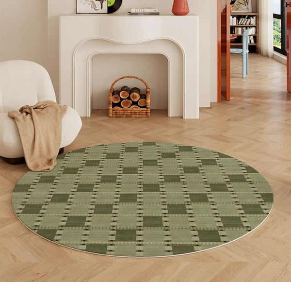 Contemporary Modern Rug for Living Room, Green Modern Area Rugs for Bedroom, Geometric Round Rugs for Dining Room, Circular Modern Rugs under Chairs-Art Painting Canvas